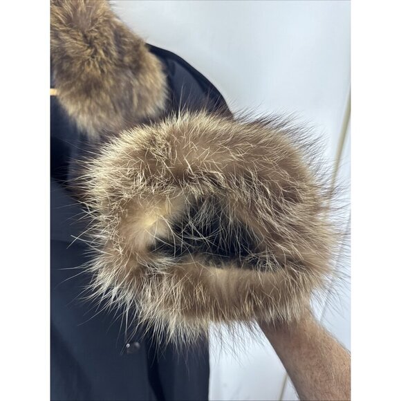 Vintage 80s Women’s L Black Wool Coat Real Fur Collar Cuffs Shoulder Pads - Picture 3 of 9